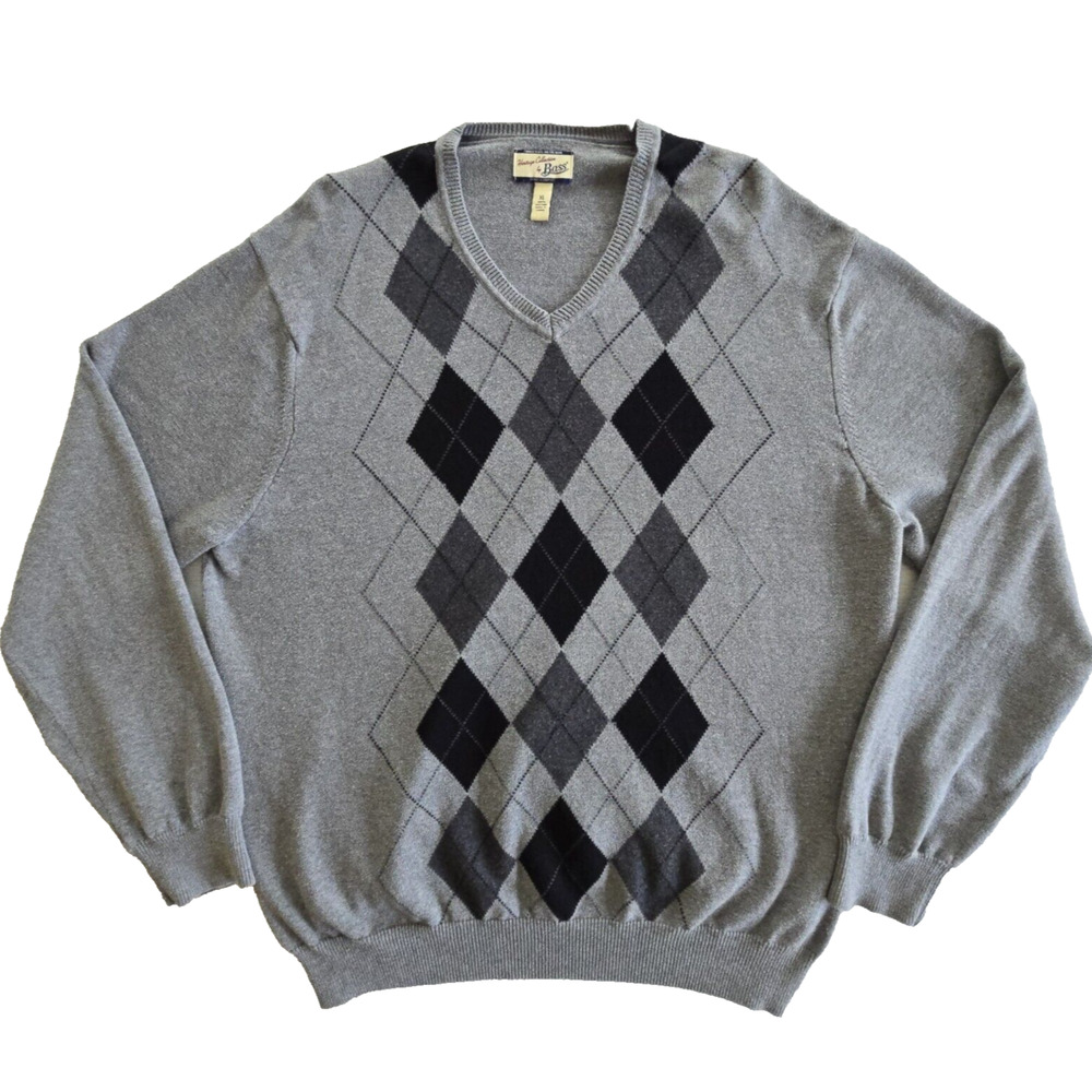 Bass Sweater Mens XL Gray Cotton Argyle Preppy Classic Academia Retro Grandpa